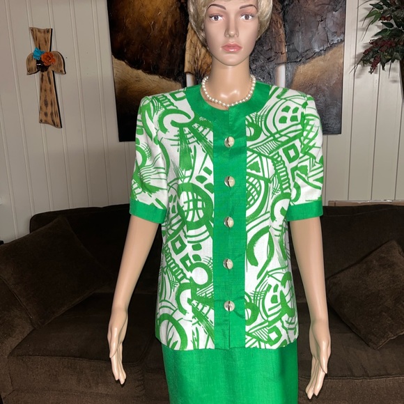 Gene Roye • Vintage • Silk • Lime Green / White • Geometric • Size 12 • Dress - Picture 5 of 16